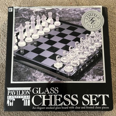 Pavilion Glass Chess Set, Chess Board, and Clear Frosted Pieces - Vintage 1996