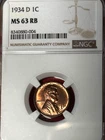 1934 D UNCIRCULATED NGC MS 63 RB 1C Lincoln  Cent  Nice  Even Coloring Obv & Rev