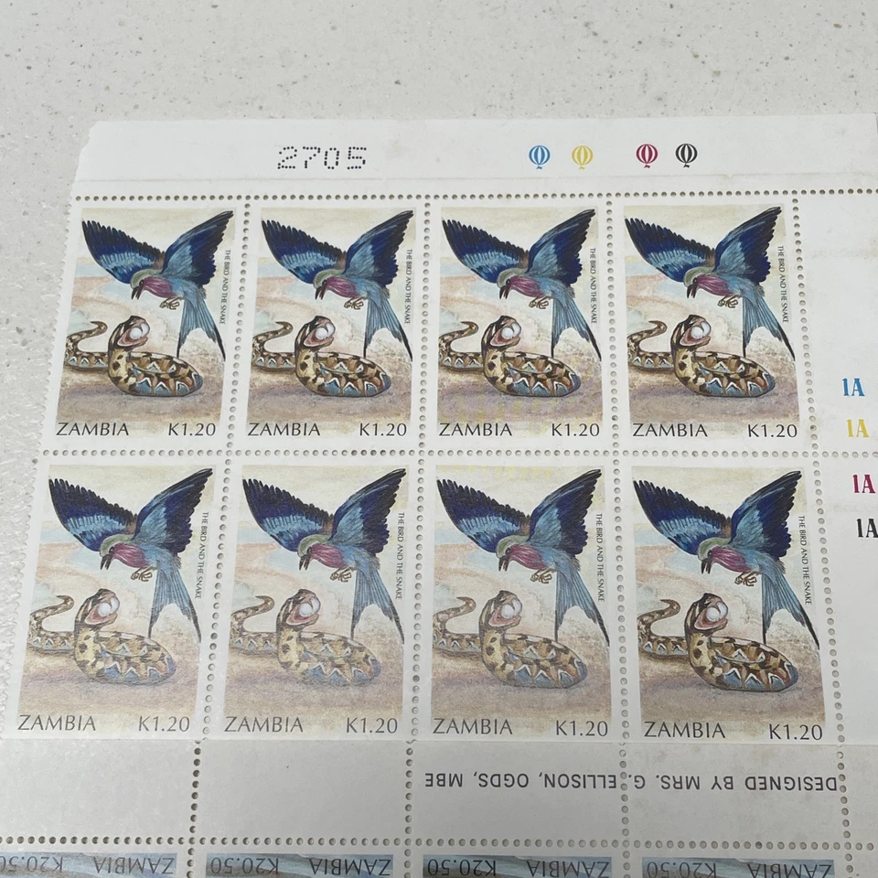 Hoja de bloque de estampillas de Zambia 1979. Animales. 32 estampillas. Foto 2 de 4