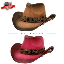 Men's Women's Western Red Stone Embroidery Band Style Cowboy Cowgirl Straw Hat