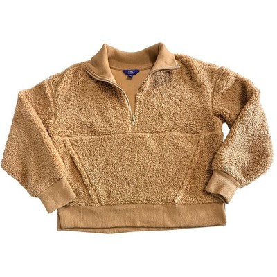 JoyLab Pullover Women M Brown Sherpa Faux Fur Quarter Zip Kangaroo Pocket Cozy