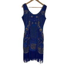 Unique Vintage Royal Blue Flapper Mini Dress S Beaded Sequin Fringe NWT