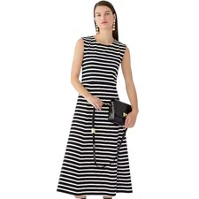 J. Crew Sz L Black Striped Cap Sleeve Cotton Knit Midi Dress