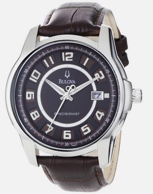 Bulova Precisionist 96B128 Men's Brown Genuine Leather Date Round Analog Watch