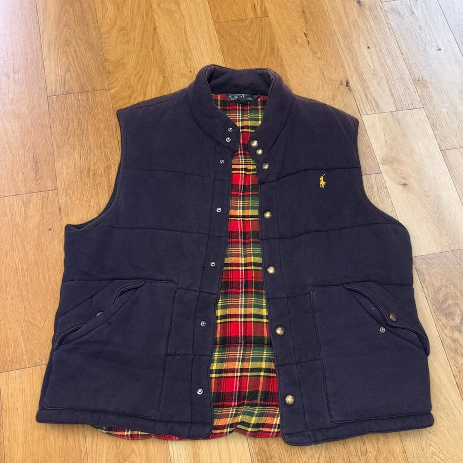 Polo Ralph Lauren Navy Blue Quilted Sweater Vest Pony Plaid Mens XL Button Snap