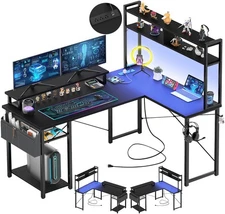 Aheaplus Small L Shaped Gaming Desk with LED Lights & Power Outlets, Reversib...