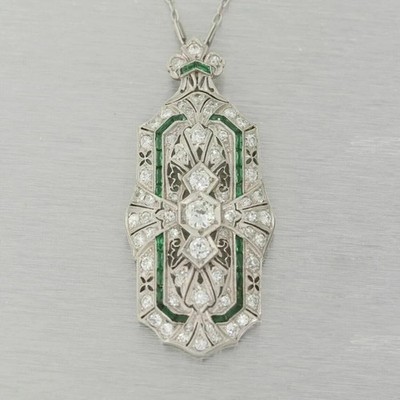 3Ct Art Deco Style Lab Created Diamond & Emerald Enagagement 925 Silver Pendant