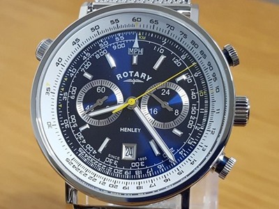Herren Stahl Milanaise Rotary Henley blaues Zifferblatt Panda Chrono Flieger Fliegeruhr NEU