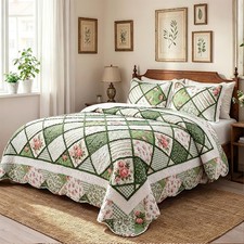 Garden Floral Quilt Bedspread King Size,3 Piece Patchwork Green Quilt Set,Sum...