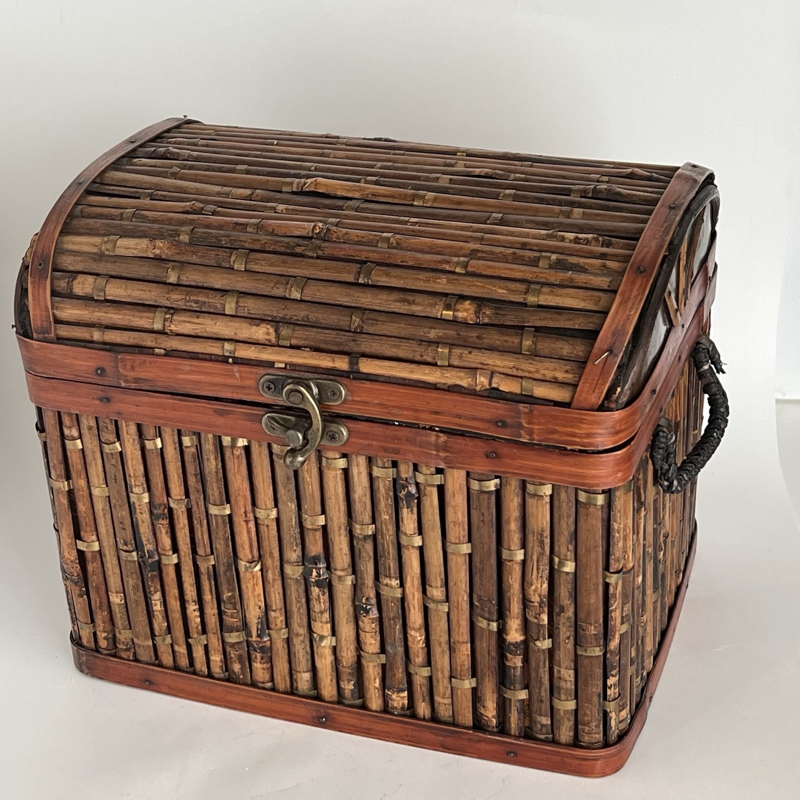 Bamboo & Tin Chest Trunk With Metal Latch & Dome Lid Boho Cottage Cabin 10”