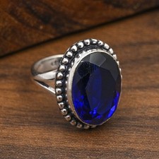 Blue Sapphire Lab-Created Gemstone Handmade 925 Sterling Silver Jewelry Ring