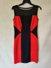 En Focus Red & Black Block Form Fitting Evening Party Dress Sheer Neckline Midi
