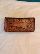 Vintage "Two Hearts" 70s Hand Tooled Floral Leather Clutch/Purse Never Used 'SS'
