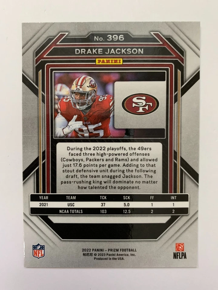 Drake Jackson Rookie Base 2022 Panini Prizm Football #396 49ers RC - Image 2 of 2