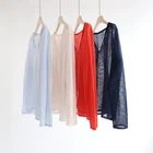 Women's Silk Linen V-neck Long Sleeved Knitted Cover Shirt Thin Loose Shirt Tops