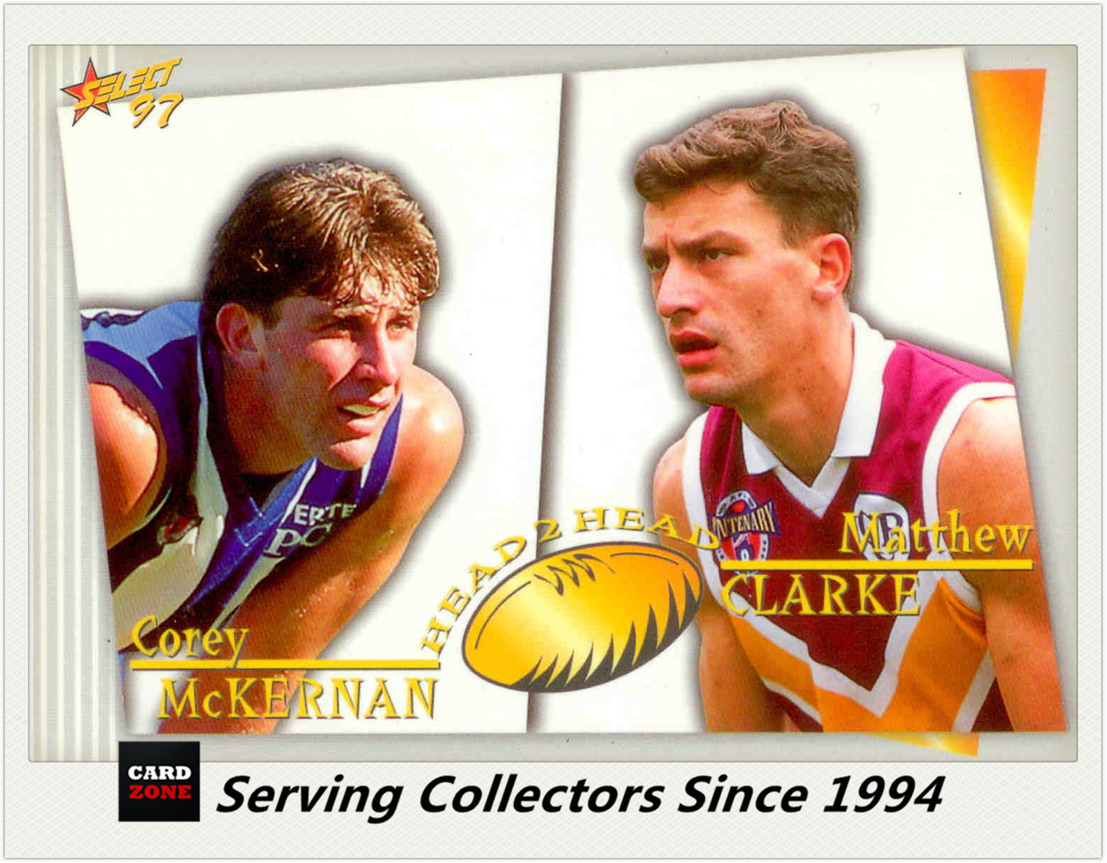 1997 Select AFL Head To Head Jumbo Card H2H5 M. Clarke /Corey McKernan