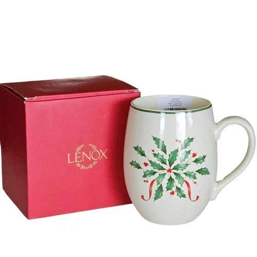 VTG LENOX Holiday Cocoa Mug Holly  Ribbons NIB