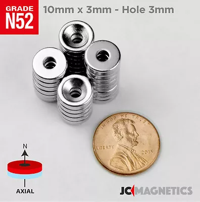 JC-MAGNETICS 10mm x 3mm Hole 3mm N52 Strong Countersunk Ring Rare Earth Magnets