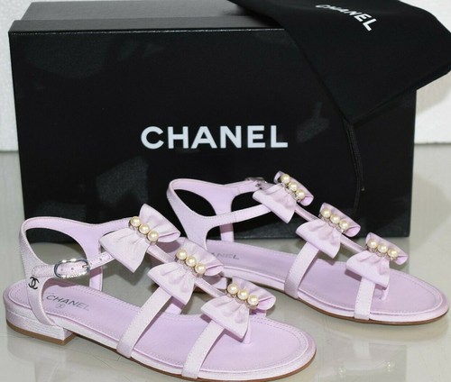 Nuovo CHANEL Triplo Fiocco Perle Cc Rosa Lilla Sandali Piatti 36.5 37 39.5  | eBay