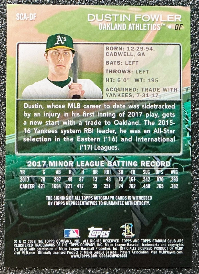 Dustin Fowler 2018 Topps Stadium Club #SCA-DF Stadium Club Autograph (RC, AU) - Image 2 of 2