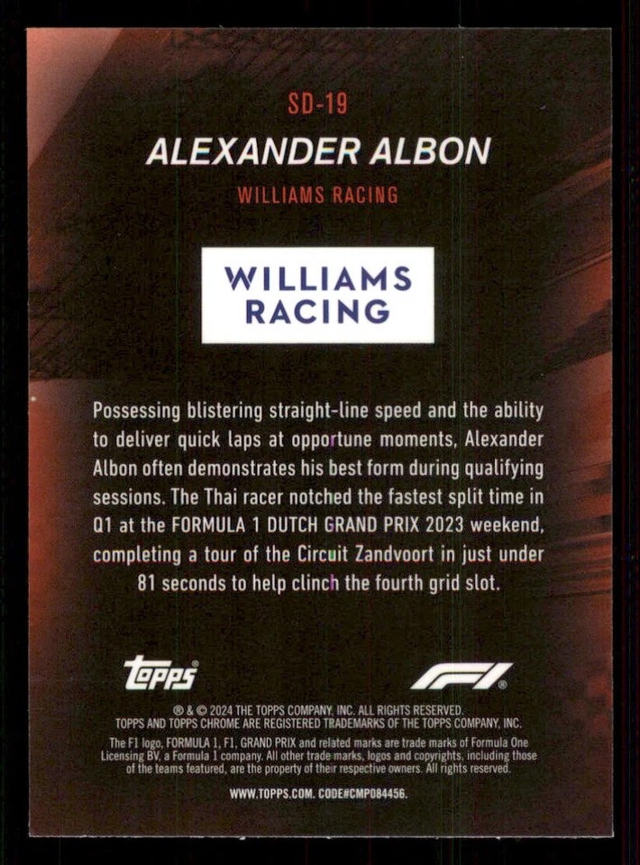 2024 Topps Chrome Formula 1 Speed Demons #SD19 Alexander Albon - Image 2 of 2