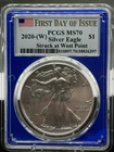 2020 W PCGS MS70 RARE Blue Slab First Day Of Issue Silver Eagle .999 Fine Silver