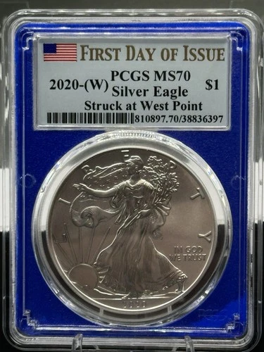 2020 W PCGS MS70 RARE Blue Slab First Day Of Issue Silver Eagle .999 Fine Silver