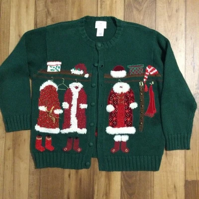 Susan Bristol Vintage 90s Christmas Cardigan Sweater Green Santa Outfits Bells - Image 1 of 4
