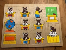 Vintage Wooden Children’s Puzzle – Bear Classroom Scene – Educational Toy