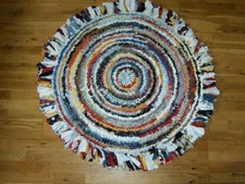 Handmade Rag Rug Rustic Cabin Farmhouse Colors 35" Round w/ Fringe 100% Cotton