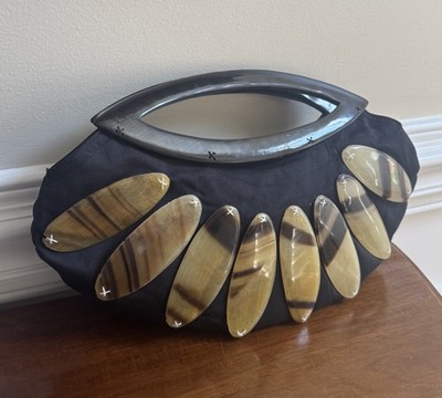 Vintage Handbag Purse Double Handles Black Canvas & Horn Oval Plates Clutch