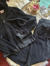 Vintage Y2k Juicy Couture Terry Hoodie Pant Full Tracksuit Rare P G XL L Black