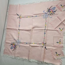 Fabulous Vintage Linen Tablecloth 4 Napkins Embroidered Pink White Stained
