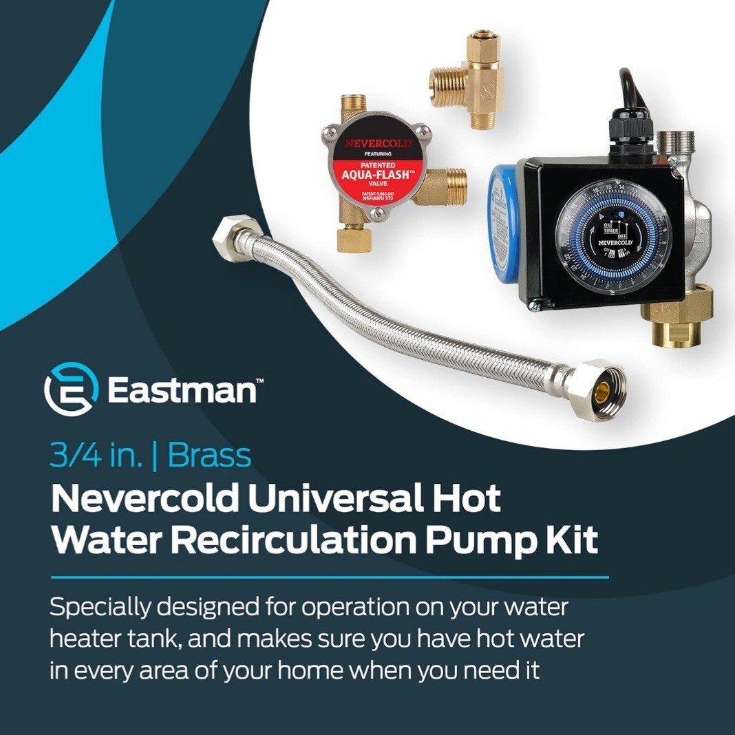 Bomba de recirculación de latón EASTMAN Nevercold 3/4 pulgadas de diámetro calentador de agua universal NUEVO