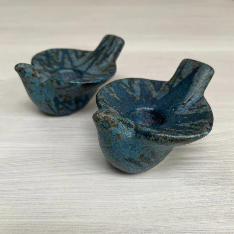 Pair 2 x Vintage Studio Pottery Blue Bird Candle Holders Greece VGC - Image 3 of 4