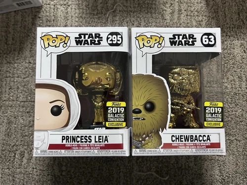 Funko  Pop Star Wars Chewbacca (Gold/Chrome) Leia (Gold/Chrome) 2019 GalacticCon