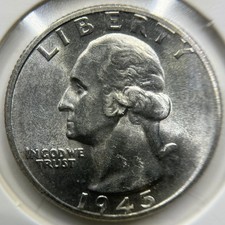 1945 USA S Washington Silver Quarter Silver Coin - aUncirculated - 0.900 Ag
