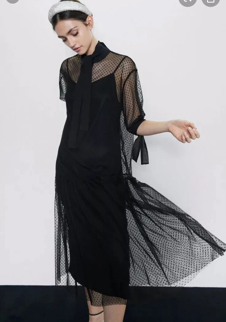 Zara sheer black clearance polka dot dress