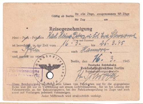 Reisegenehmigung WK II Reichsbahn Berlin 16.3.1945 & 2 US Passierscheine Woltorf - Picture 2 of 4