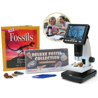 IQCREW Amscope Kids Portable LCD Digital Microscope + Fossil Collecting Kit