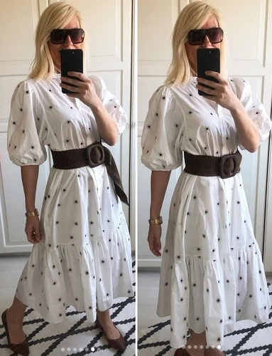 ZARA OYSTER WHITE PUFF SLEEVE MARIE FLORAL EMBROIDERED POPLIN RUFFLED MIDI DRESS - Picture 7 of 24