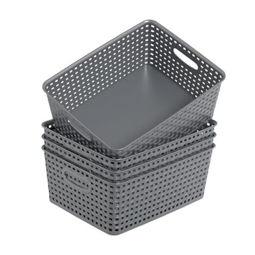 Paquete de 4 cestas de almacenamiento de plástico gris, cesta de almacenamiento de plástico tejido para despensa