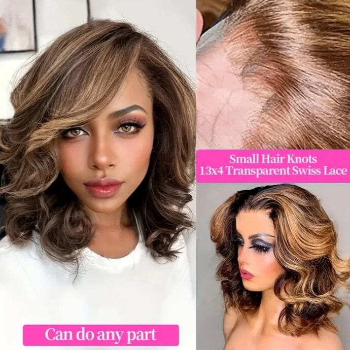 Peluca frontal de encaje ondulada corporal ombre rubia miel de 12 pulgadas - Peluca Bob cabello humano  Foto 3 de 4