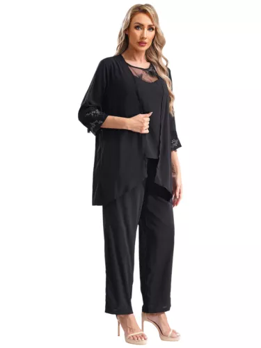Womens 3 Piece Chiffon Pant Suits Tank Top Cardigan and Pants Evening Outfits - Picture 55 of 95