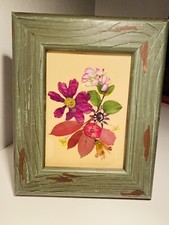 New Dried Flowers Under Glass Fall Colors Rustic Green Frame Farm House/Country