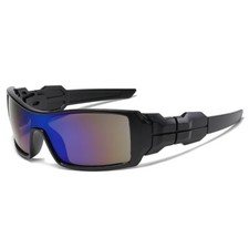 Men's Sports Wrap Rectangular Sunglasses Matte Black Frame Blue Mirror Lens