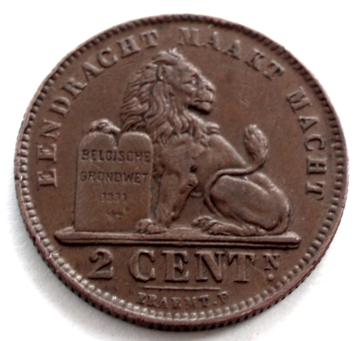 BELGIUM 2 CENTIMES 1911 KM#65 legend in Dutch, Nice Details. MM2.7