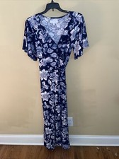 New Directions Size S Blue Short Sleeve Floral Cotton Blend Wrap Dress