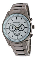 Goldlis Herren Uhr Analog Quarz 44Mm Chrono Look Metall Armband Silber Neu