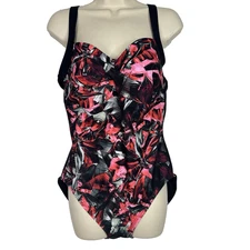 Gabar One Piece Swimsuit 14 Wireless Black Pink Red Floral Ruched Tummy Control